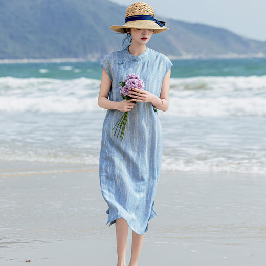 雀说新款亚麻提花气质改良旗袍立领盘扣无袖凉感中国风连衣裙ALS494 商品图2