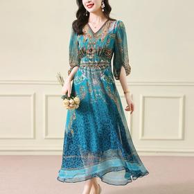 雀说复古民族风碎花长裙新款气质优雅度假风连衣裙AL7815