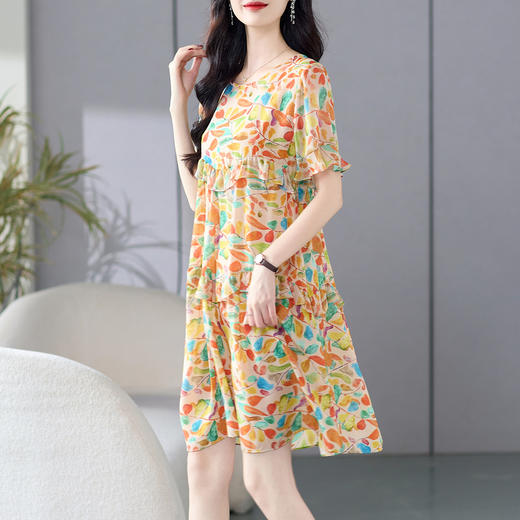 WWM-69508夏日绝美小裙子橘色碎花裙真丝桑蚕丝连衣裙女夏2025新款 商品图1