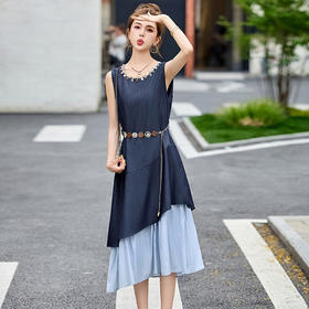 雀说时尚圆领无袖假两件连衣裙女夏季宽松显瘦好看撞色拼接背心裙子AL6266