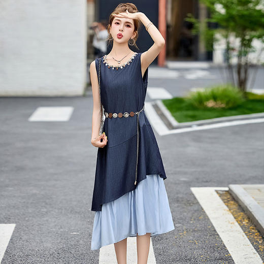 雀说时尚圆领无袖假两件连衣裙女夏季宽松显瘦好看撞色拼接背心裙子AL6266 商品图0