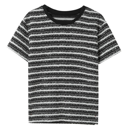 三彩2025春季新款香风条纹T恤肌理感圆领短袖套头衫休闲M 商品图4