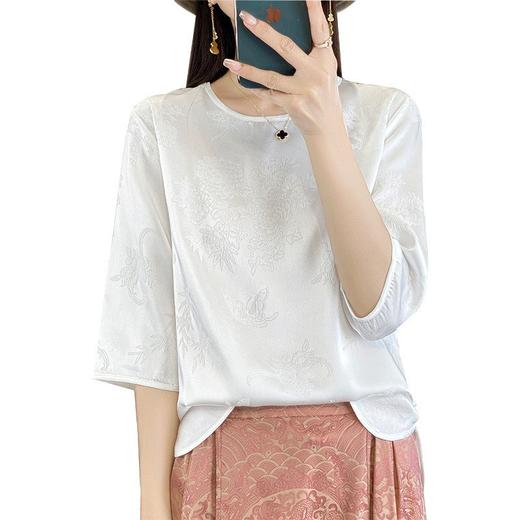 雀说缎面国风新中式女装圆领短款暗提花大码短袖百搭T恤上衣ALF28 商品图4