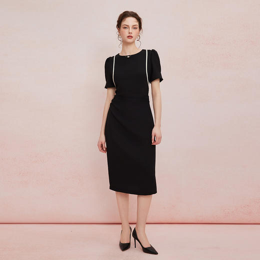 QF846斯尔丽25新款法式浪漫圆领撞色滚边显肩窄高级白领气质款连衣裙 商品图3