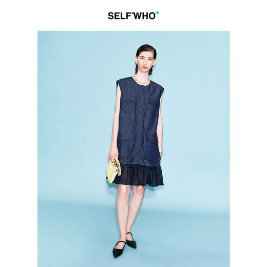 [黄龄同款]SELFWHO棉亚麻原色牛仔连衣裙女夏季新款拼接鱼尾裙子 商品图2