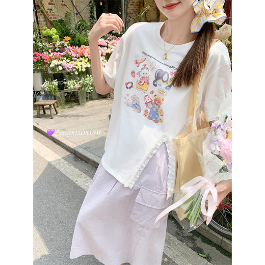 <曾小咸推荐>可爱卡通印花开叉圆领短袖T恤 商品图1