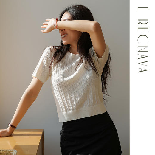 L RECNAVA 绞花肌理圆领绵羊毛针织短袖 百搭经典款 可机洗 商品图4