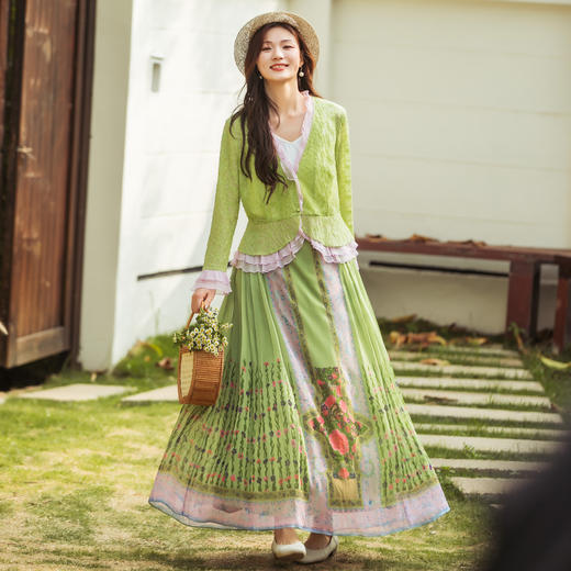 【林栖设计小店】【现货】【林栖推荐】2025夏季新品桃红柳绿色提花拼真丝开衫外套女N1952432 商品图2