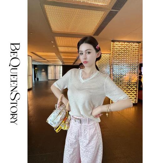 【孤品样衣，不退不换】【轻氧彩绘】显瘦V领羊毛混纺烫钻蕾丝慵懒上衣2025夏季新品 商品图3