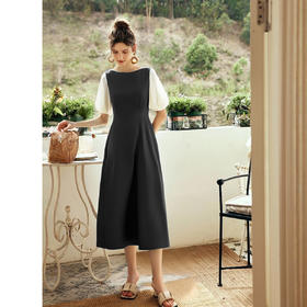 OLrain欧芮儿2025夏季新款黑色撞色袖收腰显瘦法式连衣裙一字领女