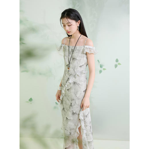 三彩【水光潋滟】2025夏季新款新中式荷叶边连衣裙两穿一字领C 商品图3