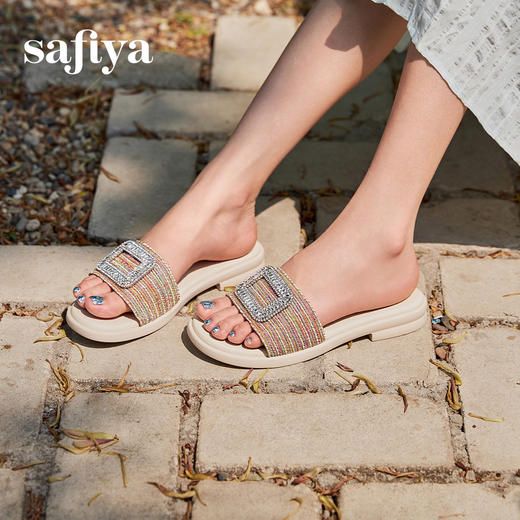 预售10天|Safiya/索菲娅2025夏季外穿一字拖气质时尚方钻扣圆头露趾拖鞋SFD2110368 商品图5
