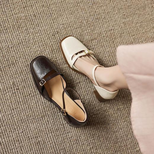 手工女鞋真皮一字带玛丽珍凉鞋粗跟5CM不掉跟新款法式中跟鞋 商品图0