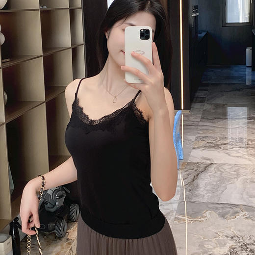 官网1080！春夏桑蚕丝莫代尔棉混纺蕾丝背心女 文胸吊带二合一带胸垫打底内衣 商品图6