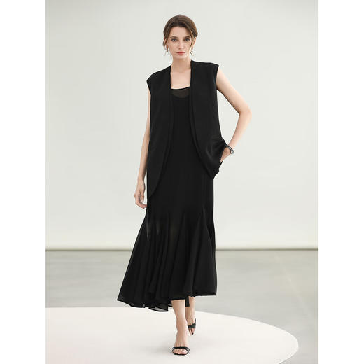 COCOBELLA静奢假两件黑色无领西装马甲女仿醋酸上衣WS7005-3 商品图3