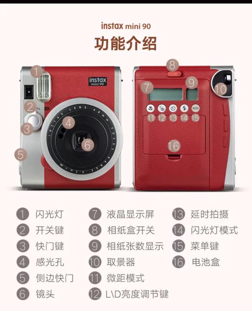 富士拍立得mini90相机，日版原装进口，官方标配，双色可选，适用mini相纸，操作简单，现货速发 商品图3