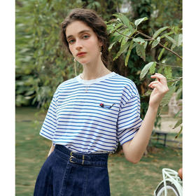 OLrain欧芮儿蓝白条纹短袖T恤夏季2025夏季新款时尚洋气减龄上衣