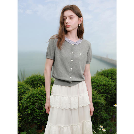 【亚麻】三彩2025夏季新款爱心刺绣针织衫木耳边圆领短袖小开衫外套M 商品图1