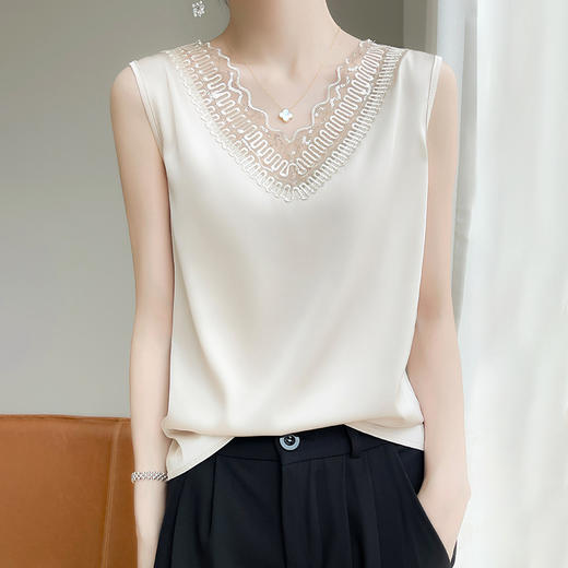 雀说丝绸缎面装新款v领无袖小背心T恤网纱拼接上衣宽松吊带ALA126 商品图0