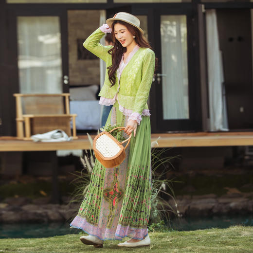 【林栖设计小店】【现货】【林栖推荐】2025夏季新品桃红柳绿色提花拼真丝开衫外套女N1952432 商品图6