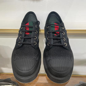 GUCCI 古驰 男士 GG 帆布织带条纹系带休闲鞋 黑色 812195 FAD2I 1044