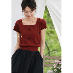 鹿向南「爱浮心扬」红色针织衫女夏短袖T恤法式甜美显瘦短款上衣