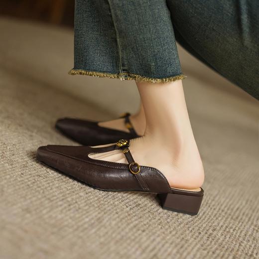 手工女鞋复古丁字扣包头穆勒鞋夏季外穿粗跟拖鞋软底软面3CM 商品图2
