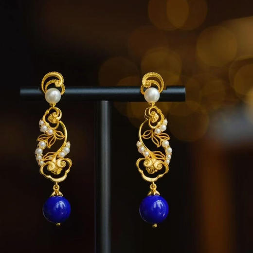 龢盒原创 灵芝抱福，岁月流金 如意灵芝青金石耳坠 商品图0