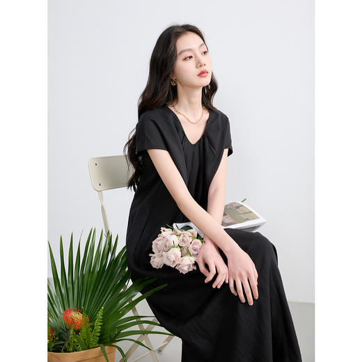 【莱赛尔+亚麻】三彩2025夏季新款连衣裙宽松A字裙U领长裙盖袖松弛S 商品图2