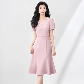 【高货wl】全新升级【铂金会员330/天猫439/差价109】(01031) 洛诗琳轻奢重工钉钻贝壳圆领鱼尾裙时尚气质短袖连衣裙