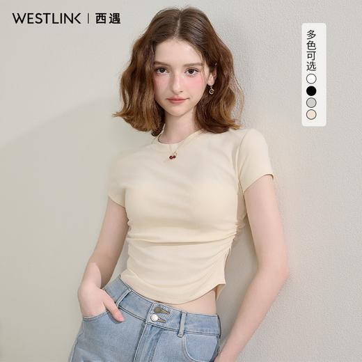 西遇圆领短袖t恤女新款休闲纯色修身内搭正肩短款上衣SS150224 商品图1