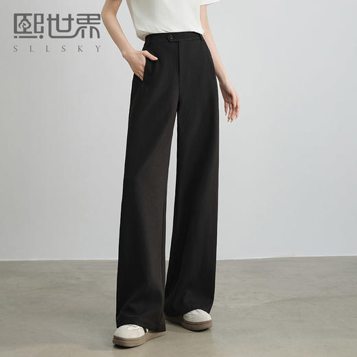 【专属特价】熙世界黑色窄版阔腿裤女春夏通勤百搭垂感宽松直筒长裤休闲西装裤 商品图0
