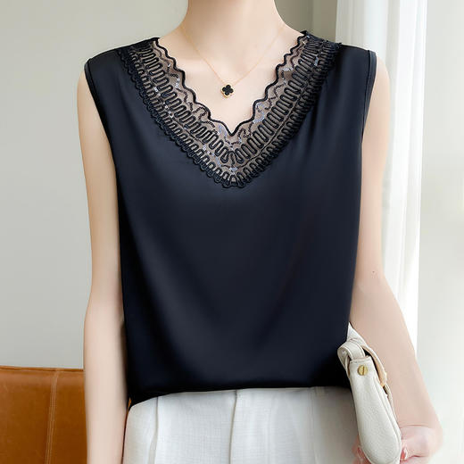雀说丝绸缎面装新款v领无袖小背心T恤网纱拼接上衣宽松吊带ALA126 商品图6