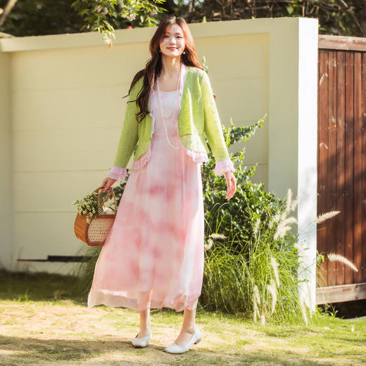 【林栖设计小店】【现货】【林栖推荐】2025夏季新品桃红柳绿色提花拼真丝开衫外套女N1952432 商品图8