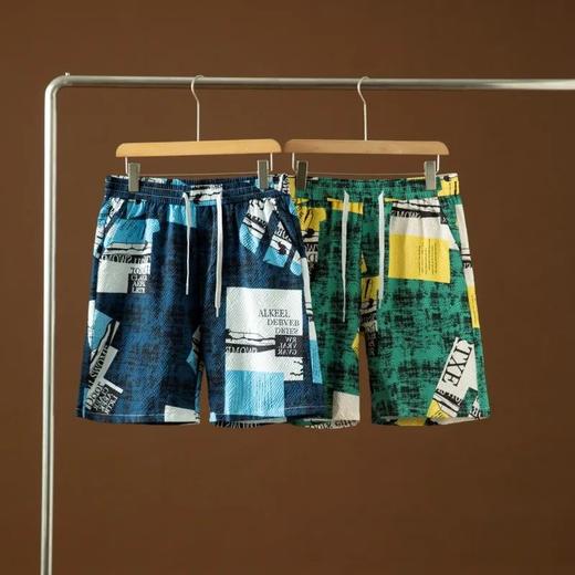锦纶男士松紧腰宽松字母抽象图案艺术感五分休闲短裤沙滩裤 商品图2