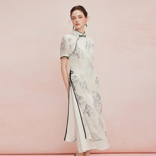 QF823斯尔丽25新款改良式旗袍提花工艺飘逸下摆插片A型显瘦浪漫连衣裙 商品图2