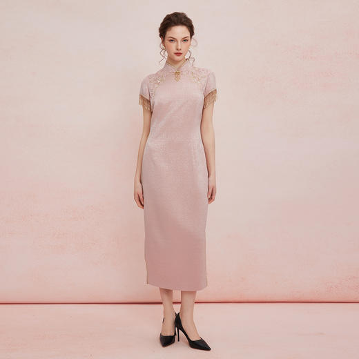 QB810斯尔丽25新款提花精致绣花改良旗袍领口袖口流苏钉珠礼服连衣裙 商品图3