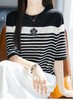 小香风山茶花钉珠撞色条纹针织短袖T恤 商品缩略图3