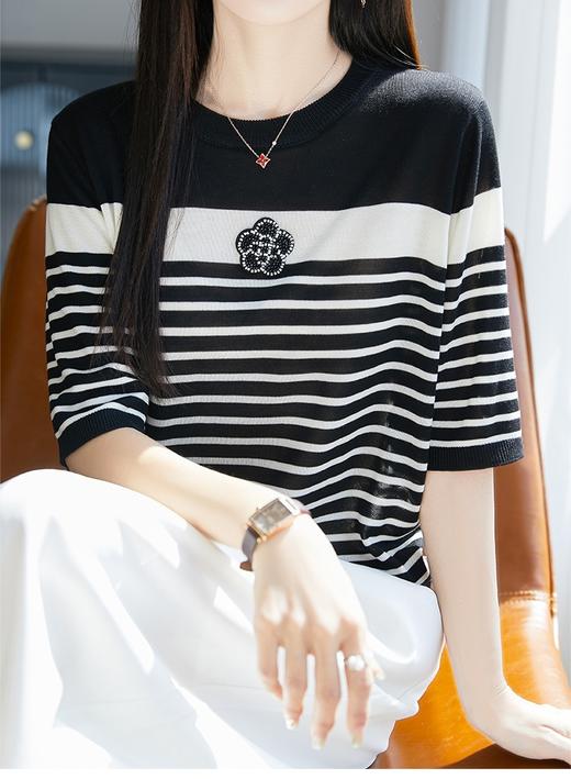 小香风山茶花钉珠撞色条纹针织短袖T恤 商品图3