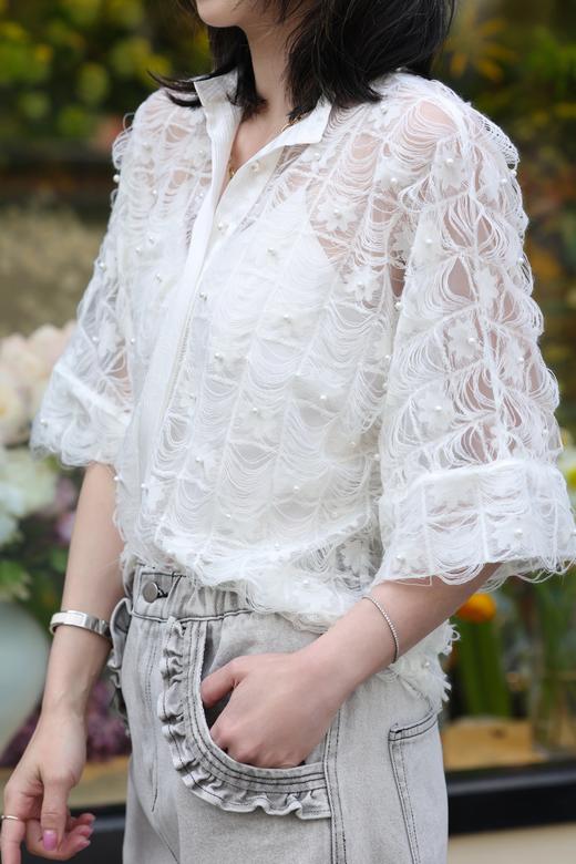 TYNVIE V领和服袖透视上衣-流苏蕾丝 商品图1