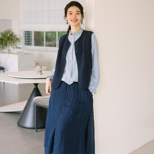 绽放旅行女装042朵/浅蓝木耳边系带开襟亚麻小衫百搭文艺长袖衬衫 商品图2