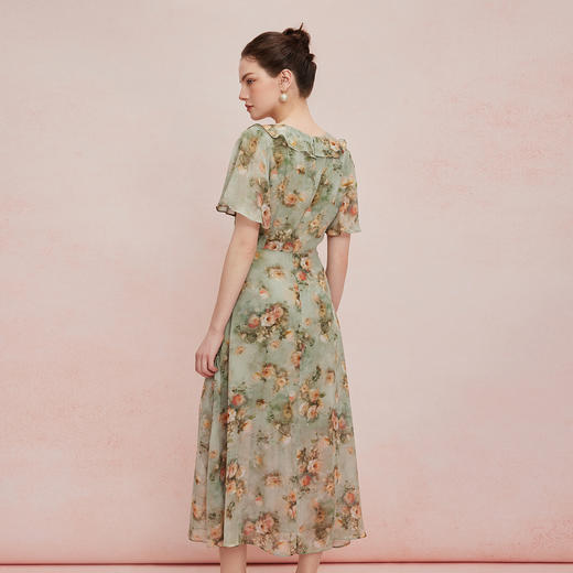 QF829斯尔丽25新款法式浪漫高腰节荷叶边女人味十足散大摆碎花连衣裙 商品图1