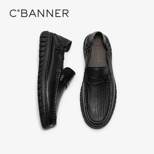 千百度男鞋一脚蹬休闲皮鞋黑色豆豆鞋男士舒适皮鞋A25102115 商品图4