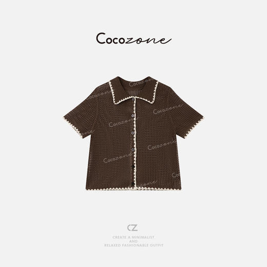 COCO ZONE 刘一一  【亚麻混纺】学院风镂空翻领针织短袖CD2A1053 商品图0