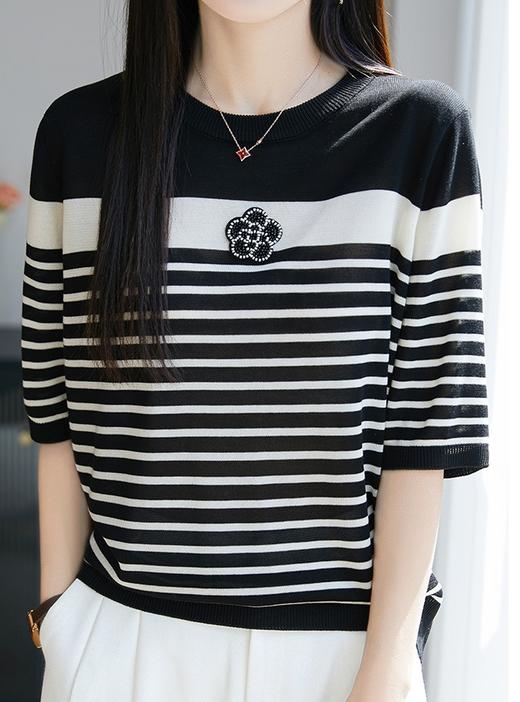 小香风山茶花钉珠撞色条纹针织短袖T恤 商品图7