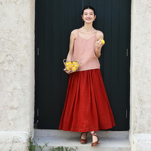 绽放旅行女装229朵/流光裙高支苎麻双层拼色半裙砂洗系带半身长裙 商品图1