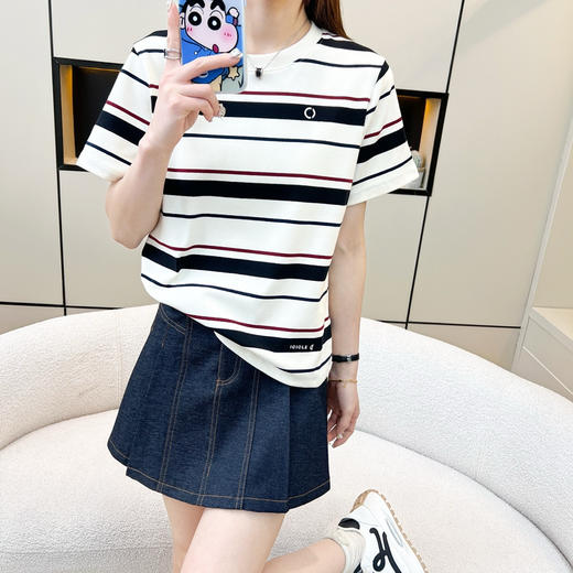【有货 拍下改价】IC之禾 极简黑白条纹撞色百搭 圆领棉弹螺纹撞色短袖T恤 商品图1