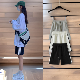 夏外穿美式运动短裤女宽松三条杠条纹五分裤高腰休闲阔腿中裤热裤