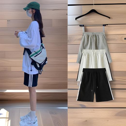 夏外穿美式运动短裤女宽松三条杠条纹五分裤高腰休闲阔腿中裤热裤 商品图0