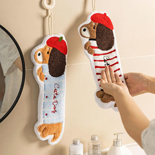 摩登主妇腊肠狗擦手毛巾挂式可爱强吸水加厚浴室卫生间家用擦手布 商品图0